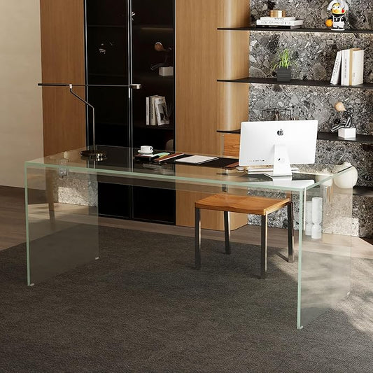 53.14" Modern Tempered Glass Executive Desk with Drawer, Black Wood Finish and Tempered Glass Legs – Minimalist Stylish Workstation Table for Home Office (Transparent Glass Desk)