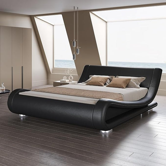SHA CERLIN Queen Size Upholstered Bed Frame, Deluxe Low Profile Sleigh Bed with Faux Leather Ergonomics Headboard, No Box Spring Needed & Easy Assembly, Black