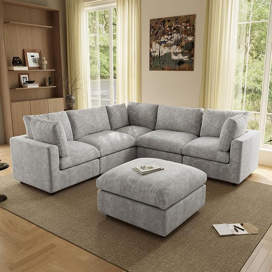 WJShome Modern V Shaped Sectional Couches for Living Room,100 Inch 5-Seater Chenille Deep Seat Modular Sofa with Ottoman, Cloud Couch for Bedroom and Apartment，Gray