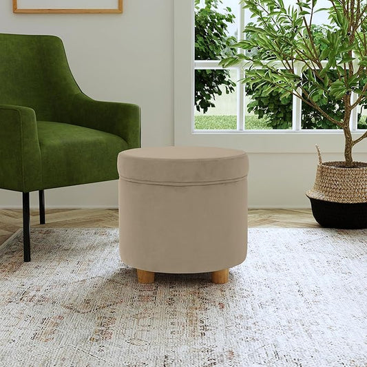 HomePop Home Decor | Upholstered Round Storage Ottoman | Ottoman with Storage for Living Room & Bedroom, Fawn Gray Velvet, Large
