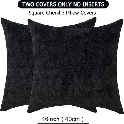 GAWAMAY Decorative Throw Pillow Covers 16x16 Inch Set of 2, Super Soft Chenille Pillows Farmhouse Fall Square Pillowcase for Living Room Bedroom Sofa Couch Cushion Cover Black 40x40cm (No Insert)