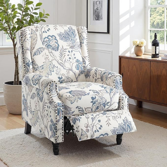 Pushback Recliner Chair, Floral Fabric Wingback Recliner Chair, Upholstered Armchair Push Back Recliner, Rivet Trim Single Sofa Accent Chair with Wood Legs for Living Room, Plants Blue