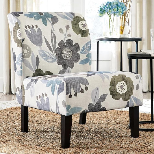 Signature Design by Ashley Triptis Floral Armless Accent Chair with Attached Cushions, Fabric Upholstery, Wood Legs, 16.63" Seat Height, White, Blue & Gray