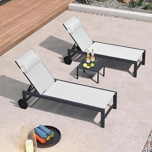 PURPLE LEAF Patio Lounge Chair Set of 3 Outdoor Chaise Lounger Aluminum Frame with Side Table and Wheels for Pool Outside Sunbathing Tanning Recliner Including Pillows White