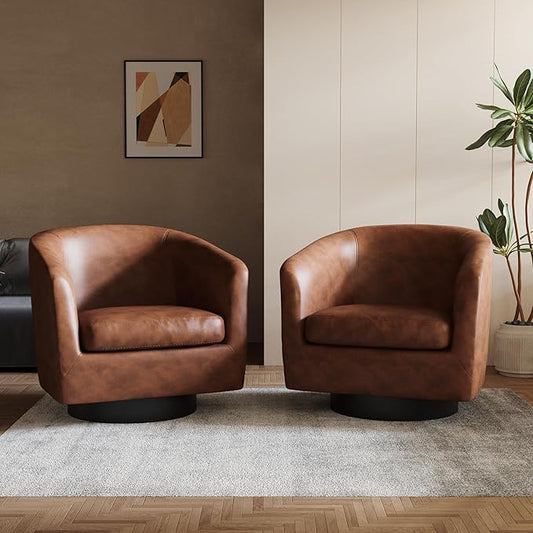 Lumibee Swivel Accent Chairs Set of 2, Faux Leather Swivel Barrel Chairs for Living Room, Modern Comfy Upholstered Round Armchairs Single Sofa Chairs for Bedroom, Club-Coffee