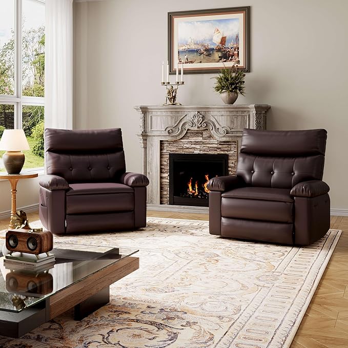 GarveeHome Oversized 27" Recliner Chairs, Classic Manual Leather Recliner, Home Theater Seating with Lumbar & Arms Support for Living Room, Bedroom and Nursery - Brown