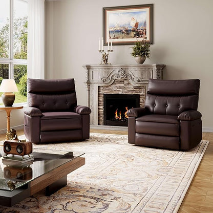 GarveeHome Oversized 27" Recliner Chairs, Classic Manual Leather Recliner, Home Theater Seating with Lumbar & Arms Support for Living Room, Bedroom and Nursery - Brown