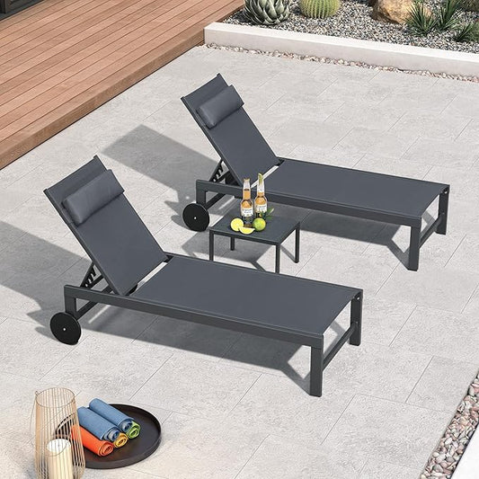 PURPLE LEAF Patio Lounge Chair Set of 3 Outdoor Chaise Lounger Aluminum Frame with Side Table and Wheels for Pool Outside Sunbathing Tanning Recliner Including Pillows Gray