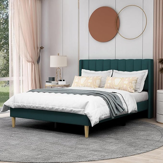 AGARTT Upholstered Platform Bed Frame Full Size with Headboard and Footboard/Wooden Slats Support/No Box Spring Needed/Easy Assembly, Green Velvet