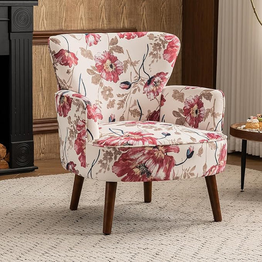 Floral Accent Chair, Upholstered Living Room Chairs with Solid Wood Legs, Mid Century Modern Velvet High Back Armchair for Living Room, Bedroom, Pink