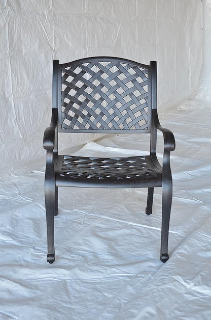 Nassau Outdoor Patio 7pc Dining Set Round 60" Fire Gas Table Dark Bronze Solid Cast Aluminum Sunbrella Cushions (Set with 6 Regular Chairs, Sunbrella Sesame)