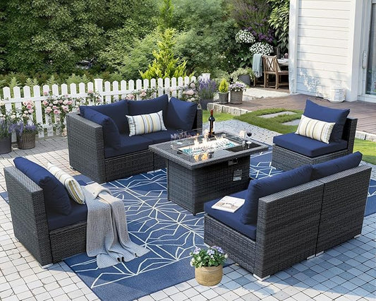 NICESOUL 29.3'' High-Back Outdoor Patio Conversation Set with Fire Pit Table Gas Propane Dual-Fuel, 7 Pcs Oversized Deep & Wide Seated Wicker Sectional Sofa Furniture Set with Firepit, Navy Blue