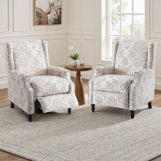 UIXE Recliner Chairs Set of 2, Fabric Upholstered Armchair Pushback Accent Chair for Living Room, Floral Rivet Trim Club Chair Home Theater Single Sofa Bedroom Side Reading Seats - Beige
