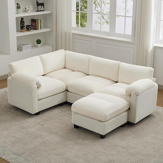 87'' U-Shaped Sectional Sofa with Ottoman, 5-Seater Modular Couches for Living Room, Corduroy Deep Seat Cloud Sofa with Center Stitched, Beige