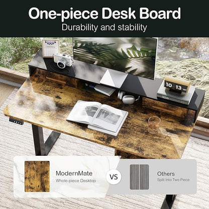 Standing Desk with 4 Drawers, 47.2 x 23.6 Inch Whole Piece Height Adjustable Electric Sit Stand Desk, Computer Home Office Workstation with Open Storage Shelf, Rustic Brown