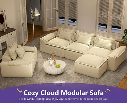 Hobestluk 120" Cloud Modular Sectional Couch 3-Seater Sofa with Ottoman L Shaped Sofa with Removable Cover Large Sofa Couch for Living Room (Beige, 3-Seater Sofa with One Ottoman)