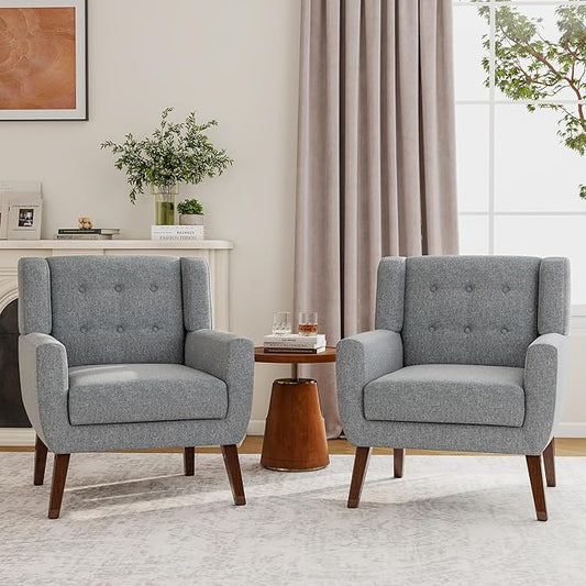 Accent Chairs Set of 2, Modern Fabric Armchairs for Living Room, Comfy Upholstered Arm Chairs Tufted for Indoor Bedroom Office Room (Gray)