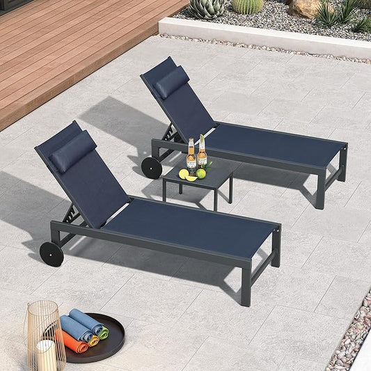 PURPLE LEAF Patio Lounge Chair Set of 3 Outdoor Chaise Lounger Aluminum Frame with Side Table and Wheels for Pool Outside Sunbathing Tanning Recliner Including Pillows Navy Blue
