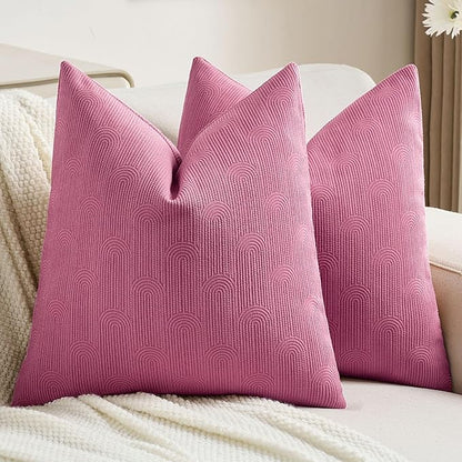 FUTEI Hot Pink Chenille Decorative Throw Pillow Covers 26x26 Inch Set of 2,Soft Cozy Striped Geometric Patterns Euro Pillow Shams,Modern Home Decor for Couch Bed Living Room