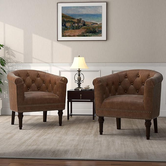 Lumibee Faux Leather Barrel Chairs, Upholstered Accent Chairs Set of 2 for Living Room, Modern Comfy Club Armchairs for Office, Bedroom, Waiting Room-Brown