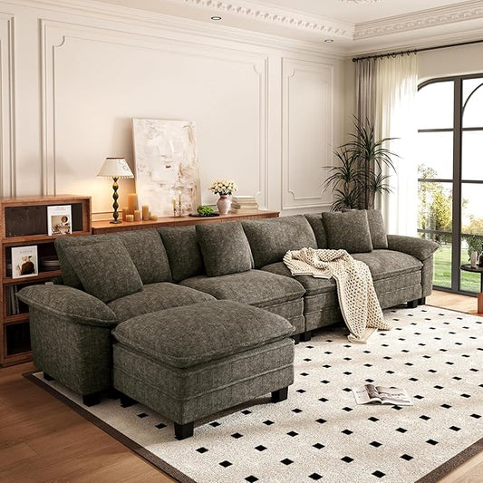 PHI VILLA Cloud Modular Couch Sets, 157.5" Sectional Sofa with L-Shaped Chaise, 5-Seater Upholstered Couches with Movable Ottoman for Living Room, Chenille Fabric, Smoky Grey