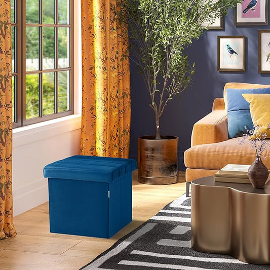 Seville Classics Cushioned Fabric Ottoman Hidden Storage Chest Footrest Chair, Padded Seat for Bedroom, Dorm, Loft, Living Room, Entryway, Hallway, Blue Velvet, 15.7" Cube
