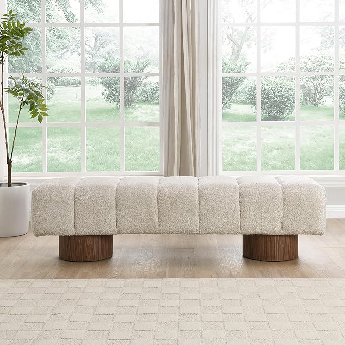 Christopher Knight Home Manila 64" Upholstered Ottoman Bench, Rectangular Dining Seat, Spacious Seating, Long Footstool, Boucle Dining Bench for Living Room Dining Room, No Assembly Needed, Beige