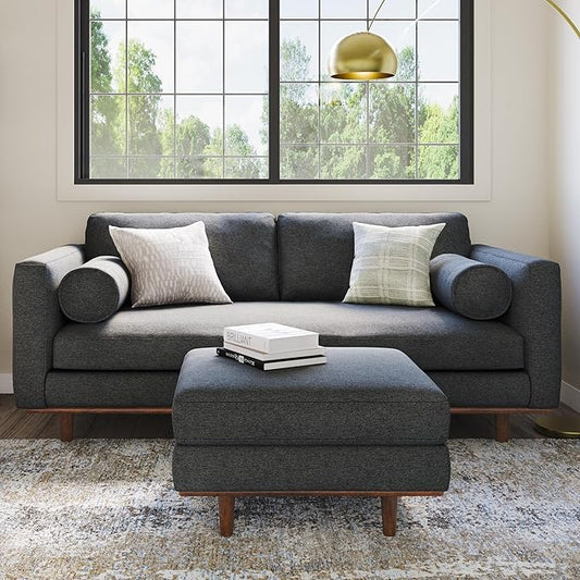 SIMPLIHOME Morrison Mid-Century Modern 72 inch Wide Sofa with Ottoman Set in Charcoal Grey Tightly Woven Performance Fabric for the Living Room and Family Room