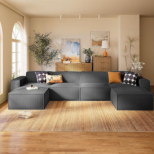 Marsail Modular Sectional Sofa, 142" U-Shaped Modular Sectional Couch with Deep Seat, Freely Combinable Sectional Clound Sofa for Living Room, No Assembly, Plush Corduroy Fabric, Grey
