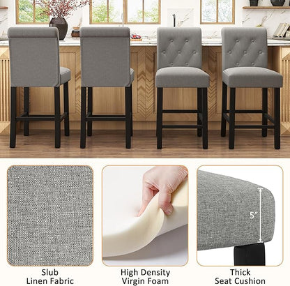 GOTMINSI 24 Inch Bar Stools for Kitchen Island, Set of 2 Fabric Barstools Upholstered Back Counter Bar Stools with Button Tufted Decoration Leisure Style Wooden Bar Chairs(Grey)