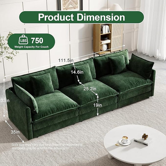 Modular Sectional Sofa, 111.5 Inch I-Shaped Cloud Sofa with Deep Seat Chenille Sofa with Cushions, Three-Self Sectional Sofa for Living Room Apartment,Evergreen