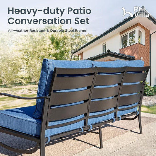 PHI VILLA 4 PCS Patio Furniture Sets for 5 Person with 1 x 3-Seat Deep Seating Bench, 2 x Cushioned Swivel Sofa Chairs & 1 x Coffee Table, Outdoor Metal Conversation Set for Lawn Garden, Peacock Blue