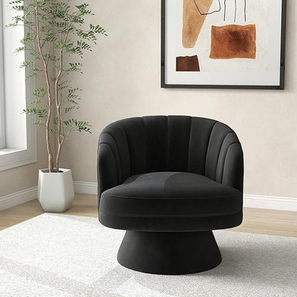 Swivel Accent Chair,Upholstered Velvet 360° Swivel Barrel Chair for Living Room Overstuffed Bouncle Reading Chair Round Armchair for Bedroom,Vanity,Office (Black)