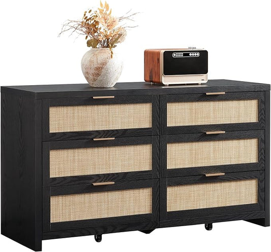 SICOTAS Rattan Dresser for Bedroom, 56.9" Wide 6 Drawer Dresser with Ample Storage, Wooden Dressers Large Chest of Drawers, Closet, Boho TV Stand for Bedroom (Black Oak, 1 Piece)