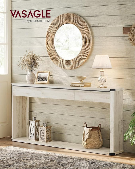 VASAGLE Console Table, 63 Inches Sofa Table, Narrow Entryway Table, Entry Table with 3 Drawers, Bottom Shelf, Metal Corners, for Living Room, Bedroom, Farmhouse Style, Rustic White ULNT146W73