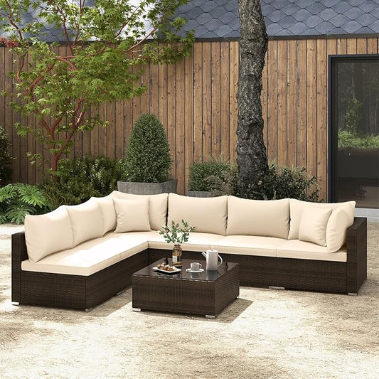Tangkula 7 Pieces Patio Rattan Furniture Set, Patiojoy Outdoor Conversation Set with Cushions and Tempered Glass Coffee Table, All-Weather Sectional Sofa Set for Garden, Lawn, Backyard