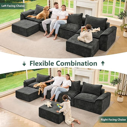 Hobestluk 152" Cloud Modular Sectional Couch 4-Seater Sofa with Ottomans U Shaped Couch Deep Seat Sofa with Removable Cover for Living Room (Dark Grey, 4-Seater Sofa with Two Ottomans)
