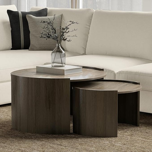 SIMPLIHOME Robin 2-Piece Nesting Coffee Table Set - 32 and 23 inch Wide Solid Mango Wood Round Living Room Tables in Ash Grey, Modern Space-Saving Center Table Set with Curved Legs, Assembled