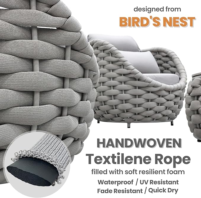 Woven Rope Patio Sofa Furniture Set of 4: Aluminum All Weather Outdoor Conversation Set, Couch Armchair and Loveseat Set with Table Cushions for Deck Porch Poolside Garden Backyard Hotel - Gray