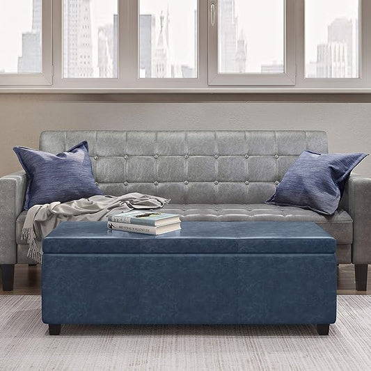 SIMPLIHOME Avalon Storage Ottoman Bench - 48 inch Wide Upholstered Vegan Leather Rectangular Lift-Top Ottoman in Denim Blue, Contemporary Storage Bench for Living Room with High-Density Foam