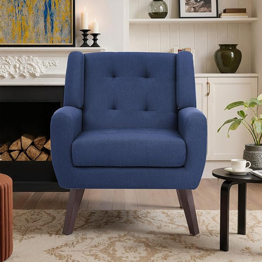 Accent Chair, Mid-Century Modern Upholstered Armchair, Comfy Fabric Living Room Chairs Reading Chairs with Button Tufted Back & Solid Wood Legs for Bedroom, Office, Blue
