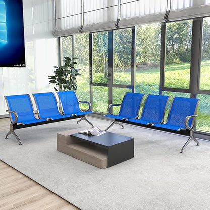Kinsuite 2pcs 3-Seat Reception Chairs - Waiting Room Chairs with Arms & Stainless Steel Frame, Waiting Room Bench Lobby Chair for Office Airport Bank Hospital, Blue