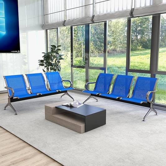 Kinsuite 2pcs 3-Seat Reception Chairs - Waiting Room Chairs with Arms & Stainless Steel Frame, Waiting Room Bench Lobby Chair for Office Airport Bank Hospital, Blue