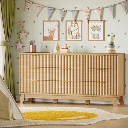 63" Long Dresser for Bedroom, 9-Drawer Fluted Dresser, Extra-Wide Wood Chest of Drawers with Smooth Metal Slides, Stable Base, Modern Clothes Storage Cabinet for Living Room, Hallway, Nursery
