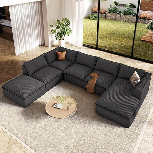 Vesgantti 141.7" Oversized Boneless Sectional Couch, Modern 7 Seater Modular Sofa with Chaise & Ottoman, Deep Seat Convertible Corduroy Cloud Couches for Living Room, No Assembly Required, Black