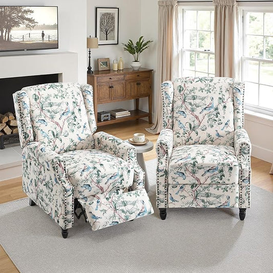 Pushback Recliner Chair Set of 2, Floral Fabric Wingback Recliner Chair, Upholstered Armchair Push Back Recliner, Rivet Trim Single Sofa Accent Chair with Wood Legs for Living Room, Bird