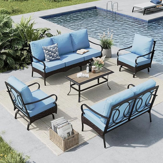 MFSTUDIO 5 PCS Outdoor Patio Furniture Set, Metal Outdoor Conversation Set, Rattan Wicker Patio Sectional Sofa Set with 2 x Rocking Single Sofa, 2-Seat and 3-Seat Sofa, 1 x Coffee Table, Blue