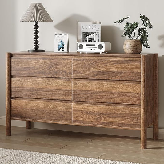 Dresser for Bedroom with 6 Drawers,47" Wide Walnut Dresser with 4 Solid Wood Legs, Wooden TV Stand,Closet Clothes Organizer for Bedroom, Hallway