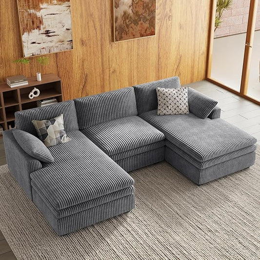 Belffin Large Modular Sectional Sofa with Double Deep Chaise, 104" Corduroy U Shaped Couch with 9" Soft Dual-Layer Seats Cushion Sectional Couches for Living Room, Apartment, Light Grey