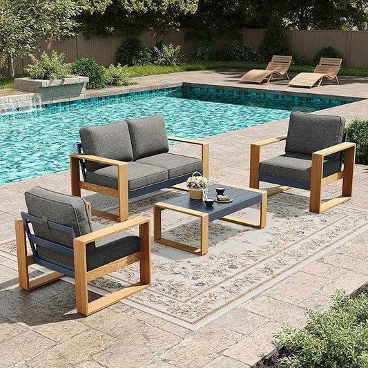 LayinSun 4 Pieces Aluminum Patio Furniture Set with Coffee Table, Oversized Seat with Hight Back, Outdoor Conversation Sets for Porch, Balcony, Deck